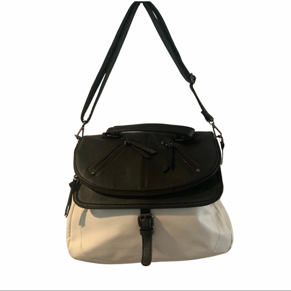 Expressions Black and White Flap Top Satchel with Adjustable Shoulder Strap